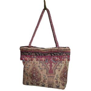Boho Tapestry Upholstery Shoulder Bag Beaded Fringe Rope Strap